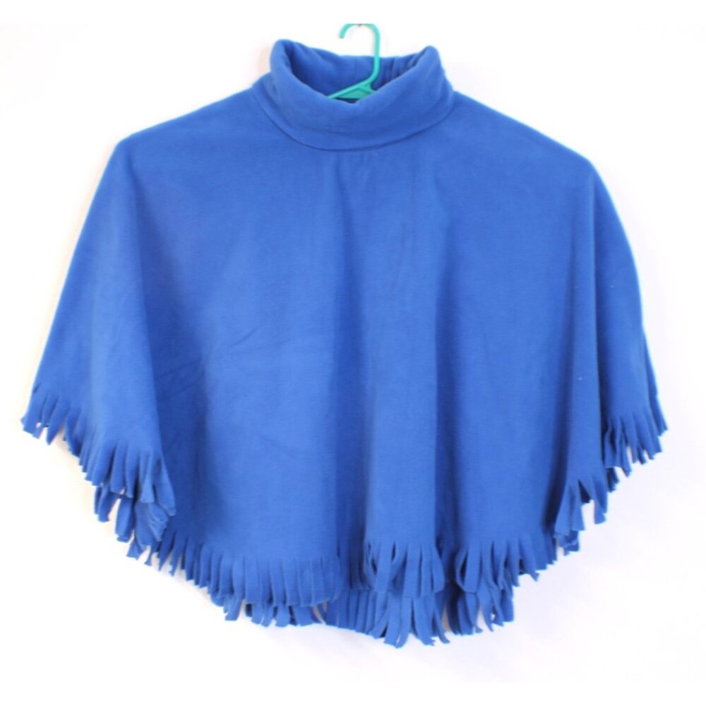Blair Fringe Bright Blue Fleece Poncho Sweater Turtleneck Polyester OSFM Vintage